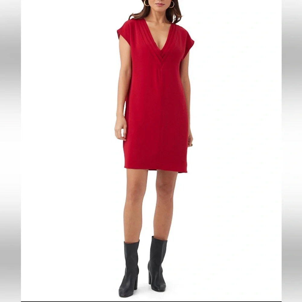 Trina Turk Zula Double Georgette Pleated V-Neck Cap Sleeve Shift Dress - Picture 6 of 14